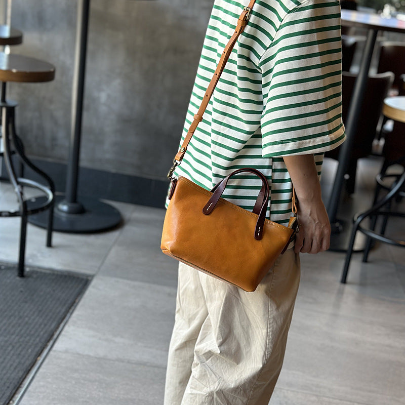 Vegetable-Tanned Leather Mini Phone Crossbody Bag, Color Block Top Handle Shoulder Purse, Versatile Handbag for Women