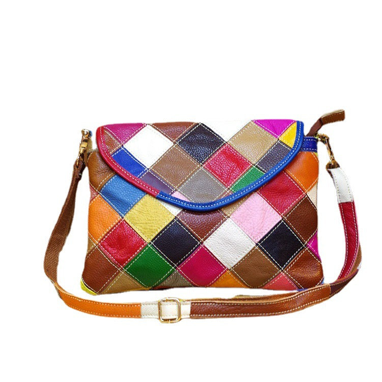 Premium Top-Layer Cowhide Leather Small Bag for Women | New Niche Designer Multi-Color Plaid Cross-Body Shoulder Handbag with Unique Artistic Style | Trendy Compact Purse for Everyday Chic, Travel & Casual Outings | Statement Accessory with Vibrant P