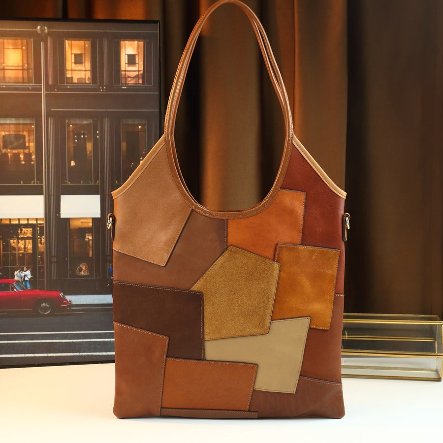 Vintage Patchwork Maillard Square Bag for Women Large Capacity Fall Winter Shoulder Handbag, Cowhide Leather Purse with Retro Charm
