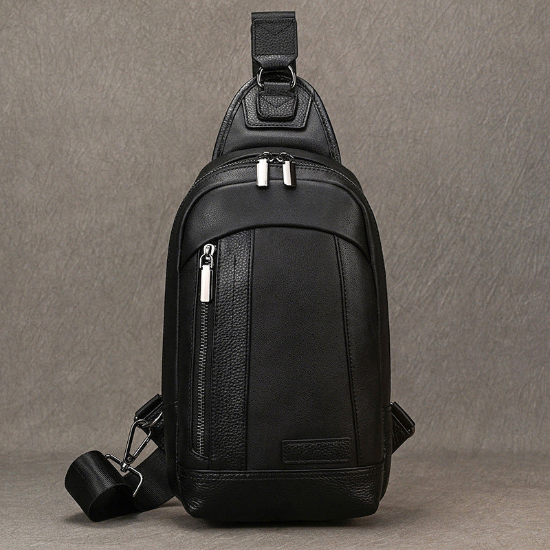 Black Genuine Leather Large Capacity Chest Bag, Crossbody Shoulder Backpack Fits iPad, Casual Work Commute Bag for Men