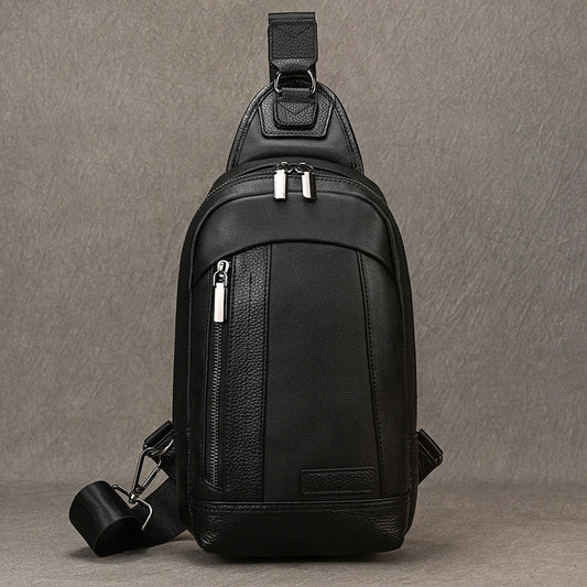 Black Genuine Leather Large Capacity Chest Bag, Crossbody Shoulder Backpack Fits iPad, Casual Work Commute Bag for Men
