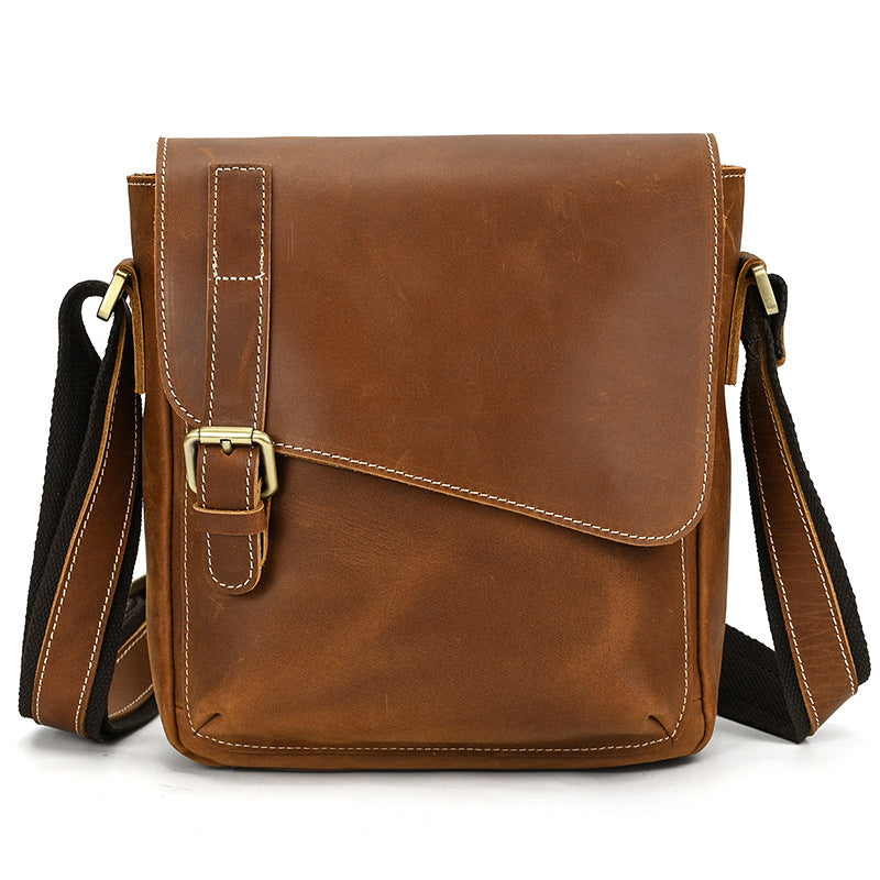 Genuine Top Layer Crazy Horse Cowhide Shoulder Bag for Men, Flap Crossbody Pouch, Casual Outdoor Travel Bag for Gentlemen