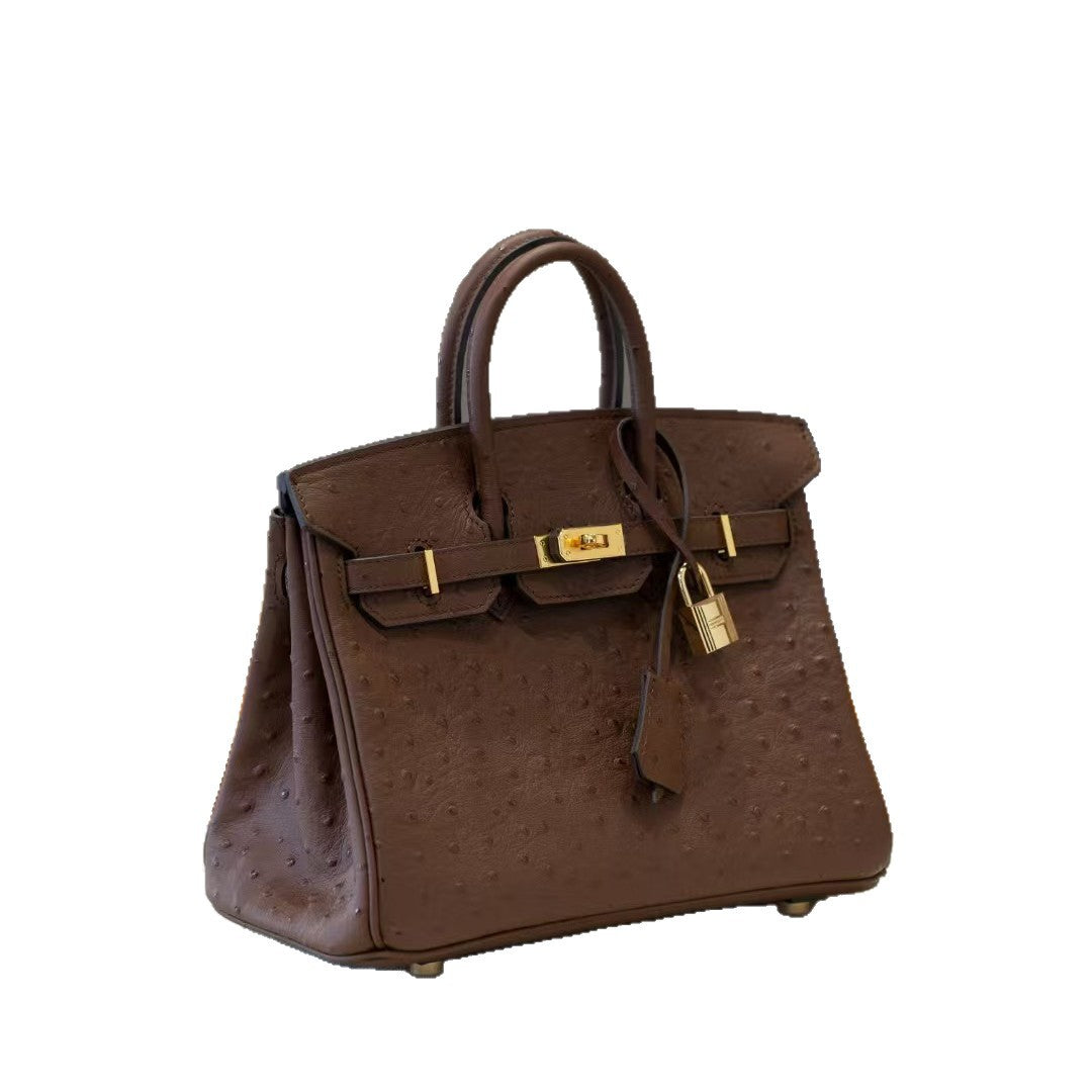 Genuine Top Layer Cowhide Ostrich-Embossed Birkin-Style Bag for Women, New Large Capacity Casual Top Handle Handbag, Premium Leather Purse for Ladies