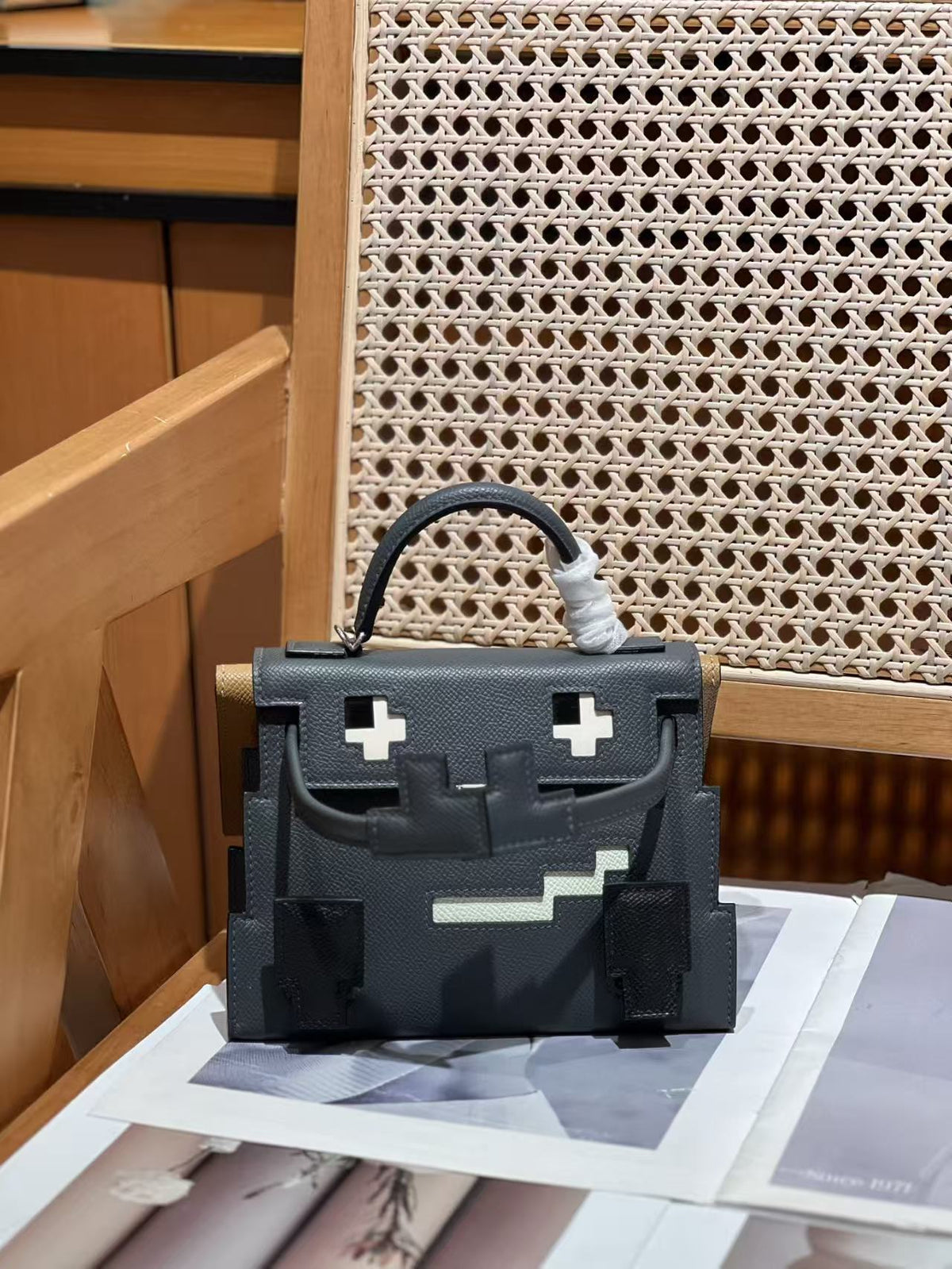 Mini Robot Doll Cross-Body Bag for Women, Hermès-Inspired Mosaic Pattern Bag with Vintage Lock, Epsom Leather Kelly-Style Shoulder Purse, Cute Novelty Handbag for Daily Wear