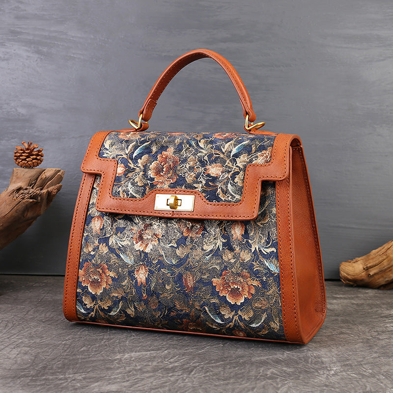 Genuine Leather Floral Embroidered Kelly-Style Bag for Women, Vintage Patchwork Top Handle Shoulder Crossbody Purse, Elegant Commute Handbag for Ladies