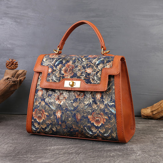 Genuine Leather Floral Embroidered Kelly-Style Bag for Women, Vintage Patchwork Top Handle Shoulder Crossbody Purse, Elegant Commute Handbag for Ladies