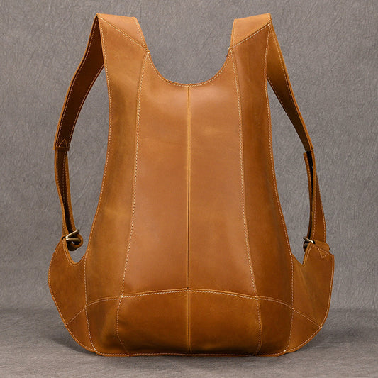Crazy Horse Leather Vest Style Backpack, Cool Brown Bicycle Sports Daypack, Unique Genuine Cowhide Bag for Men