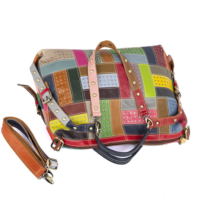 Genuine Top Layer Cowhide Color Block Studded Tote Bag for Women, Vintage Versatile Shoulder Crossbody Top Handle Purse, Trendy Casual Handbag for Ladies