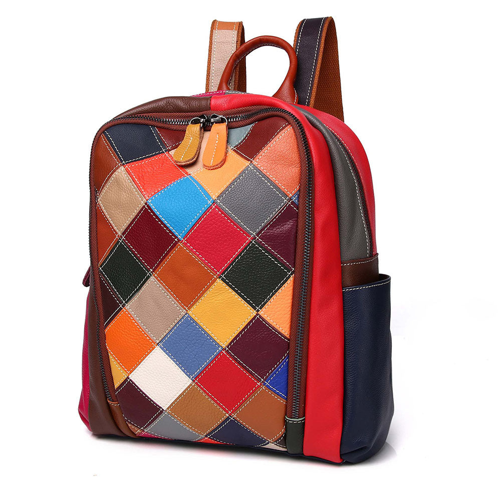 Premium Top-Layer Cowhide Leather Backpack for Women | Colorful Plaid Color-Block Design with Ethnic Bohemian Flair | Casual Trendy Rucksack for Travel, School & Daily Outings | Spacious Lightweight Daypack with Unique Artistic Style