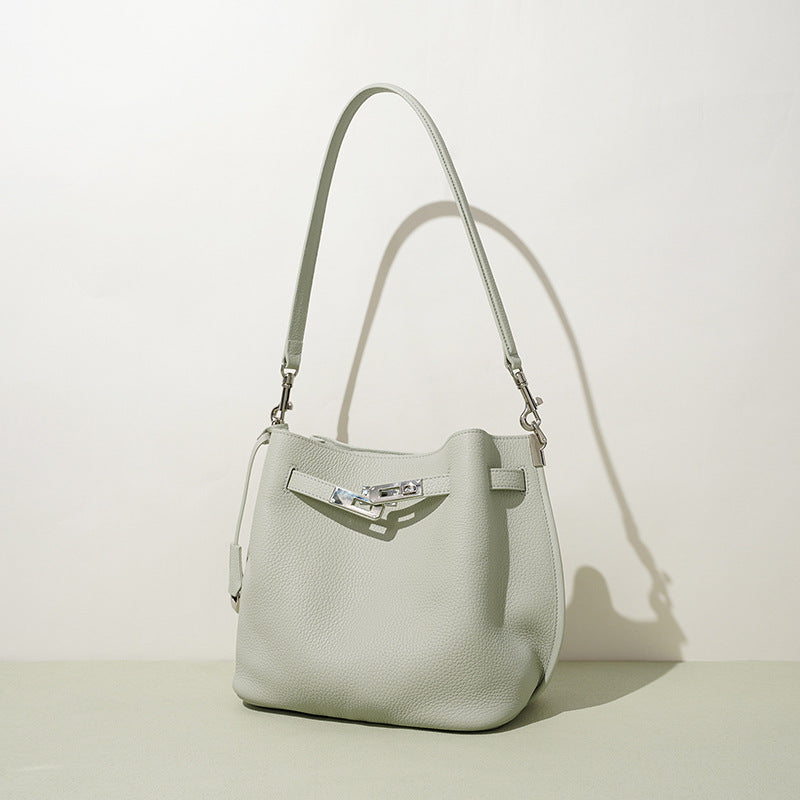 Genuine Soft Pebbled Leather Bucket Bag for Women, Fashionable Versatile Shoulder Crossbody Purse, Minimalist Niche Design Handbag for Ladies