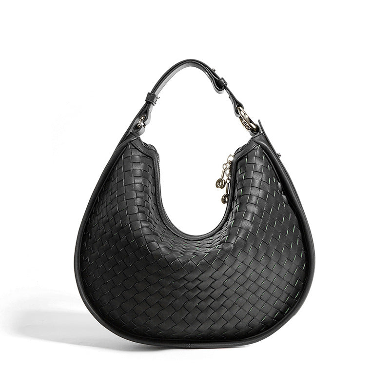 New Handwoven Crescent Bag in Genuine Leather, Large Capacity Commute Shoulder Crossbody Underarm Top Handle Purse, Stylish Handbag for Women