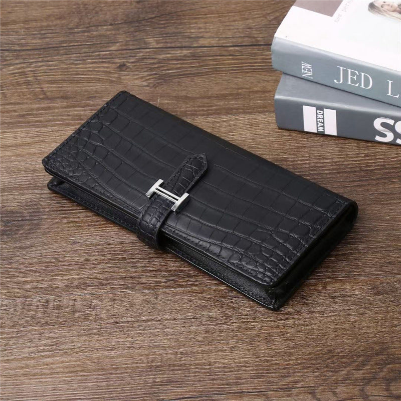 Premium Men's Matte Croc-Effect Long Bi-Fold Wallet, Business Suit Clutch with Multi-Card Slots & Genuine Leather, Versatile Casual Handbag