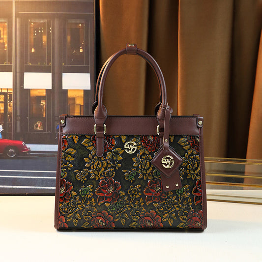 Vintage Handmade Carved Tote Bag for Women Middle-Aged Mom Shoulder Crossbody Handbag, Artistic Floral Design with Classic Elegance