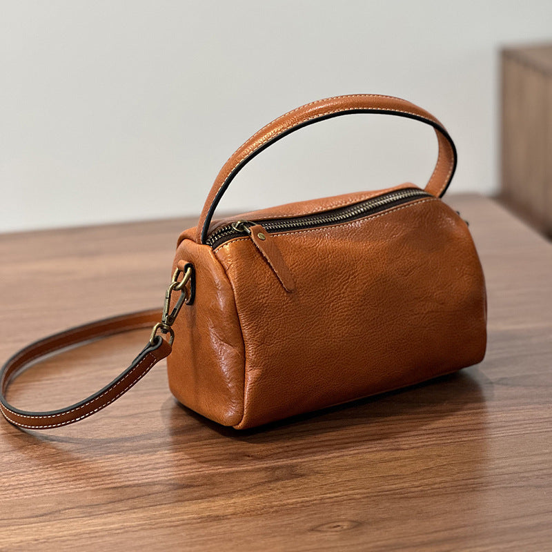 Genuine Vegetable-Tanned Top Layer Cowhide Bag for Women, Vintage Minimalist Shoulder Crossbody Top Handle Purse, Unique Lunch Box Style Small Handbag for Ladies
