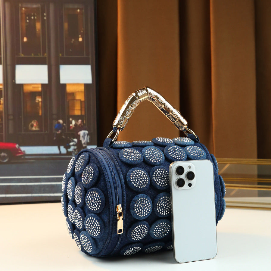 Denim Rhinestone Cylinder Bag for Women Light Luxury Shoulder Crossbody Handbag, Unique Handle Design Purse with Sparkly Trendy Style