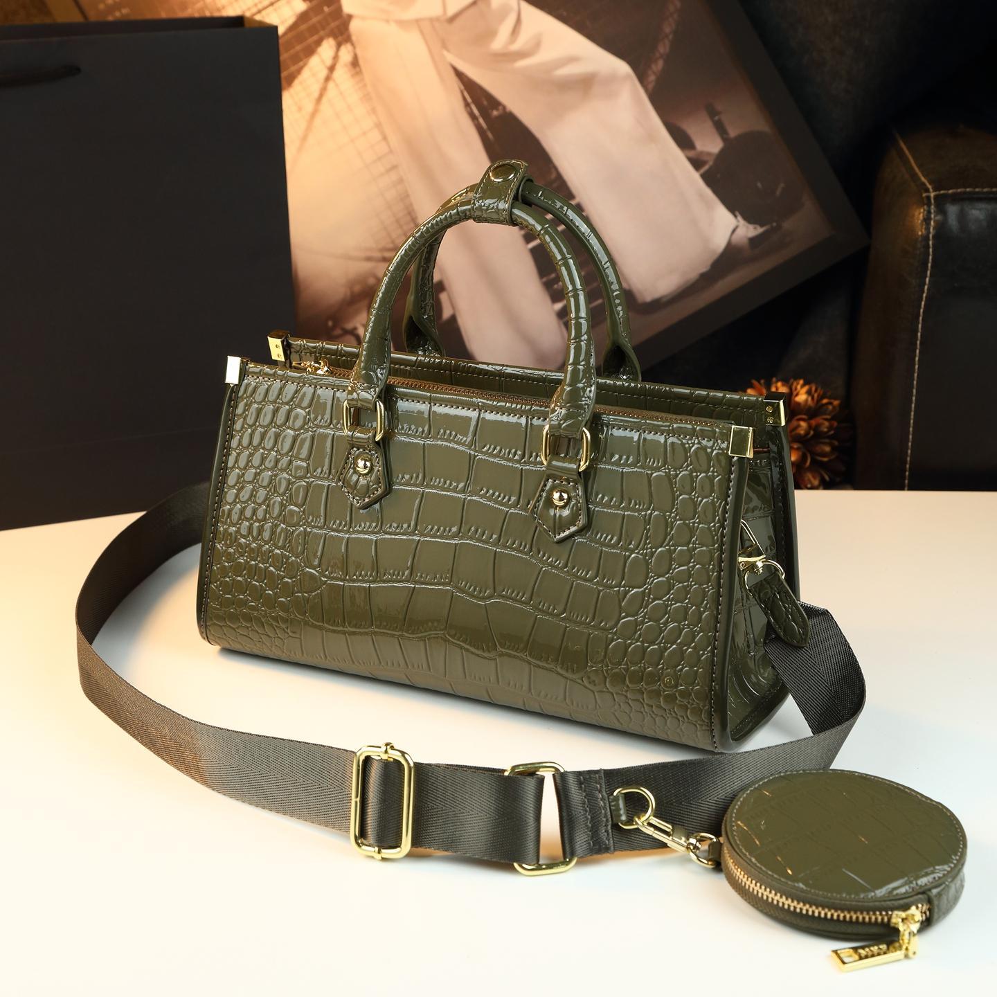 New Arrival Glossy Croc-Effect Light Luxury Handbag for Women, A Versatile Commuter Shoulder Crossbody Bag with Genuine Leather & Stylish Design