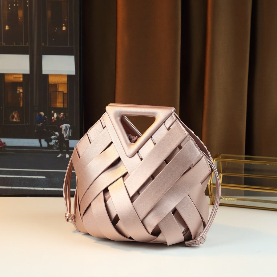 Woven Hollow Basket Bucket Bag for Women Genuine Leather Shoulder Crossbody Handbag, Fashionable Purse with Natural Artisan Texture