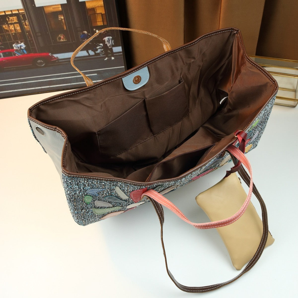 Genuine Leather Patchwork Bucket Bag for Women Irregular Design Shoulder Handbag, European Fashion Purse with Artistic Style