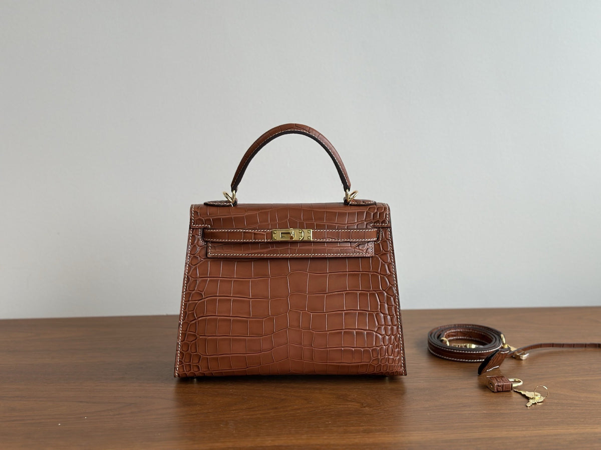 Genuine Top Layer Cowhide Crocodile-Embossed Kelly-Style Bag for Women, 2026 Bestseller External Stitching Shoulder Top Handle Purse, Premium Fashionable Handbag for Ladies