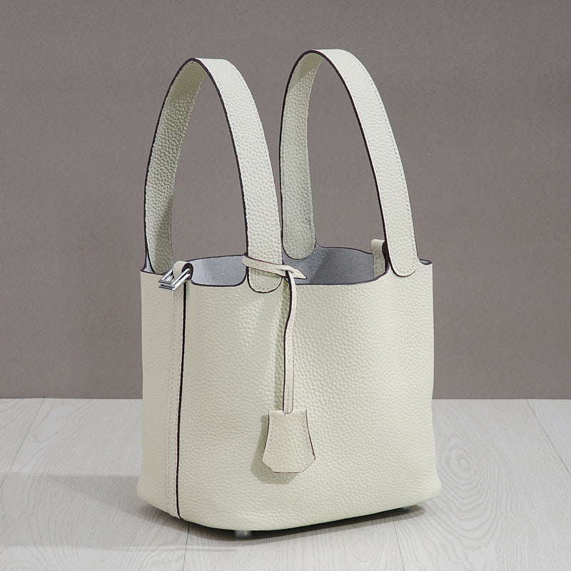 Genuine Top Layer Pebbled Cowhide Leather Bucket Bag for Women, New Fashionable Basket Mini Top Handle Handbag, Trendy Casual Purse for Ladies