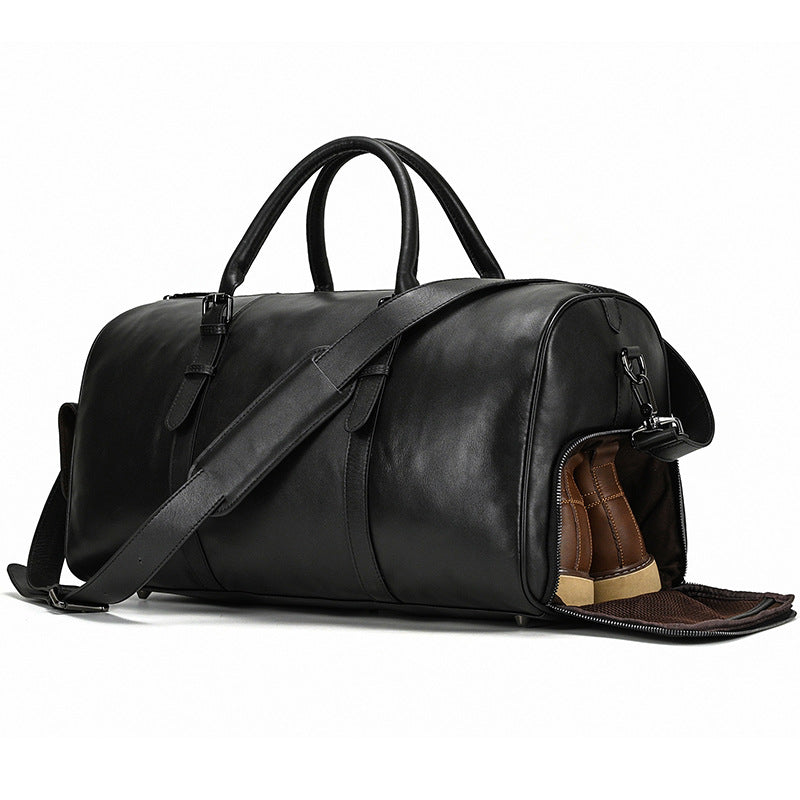 Black Genuine Leather Travel Duffle with Shoe Compartment, Top Layer Cowhide Cylindrical Gym Bag, Premium Top Handle Luggage for Men