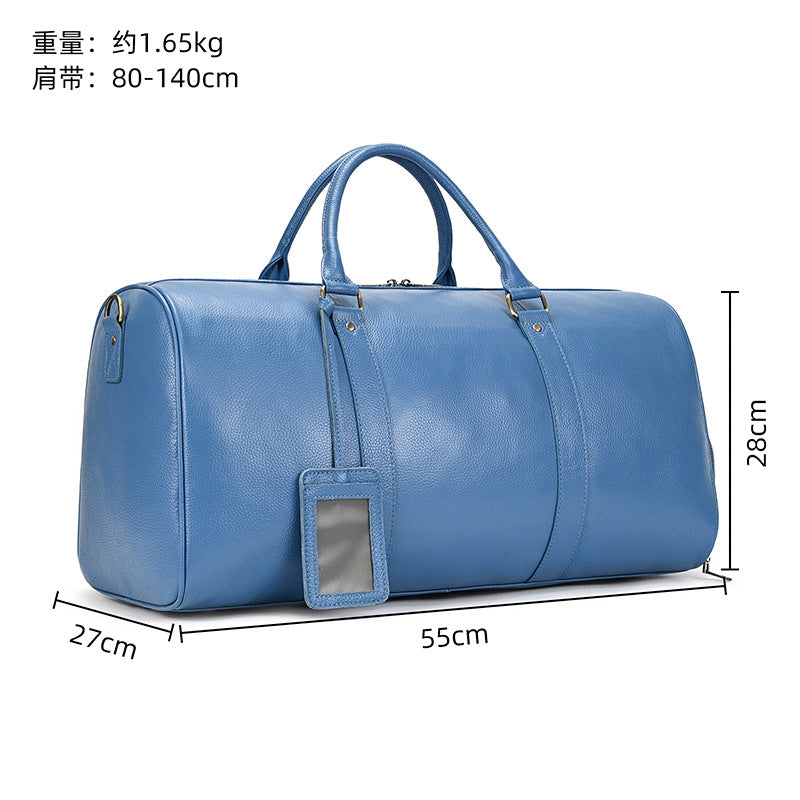 Blue Vintage Genuine Leather Travel Duffle, Large Capacity Gym Bag with Shoe Compartment, Shoulder Crossbody Weekender for Men and Women