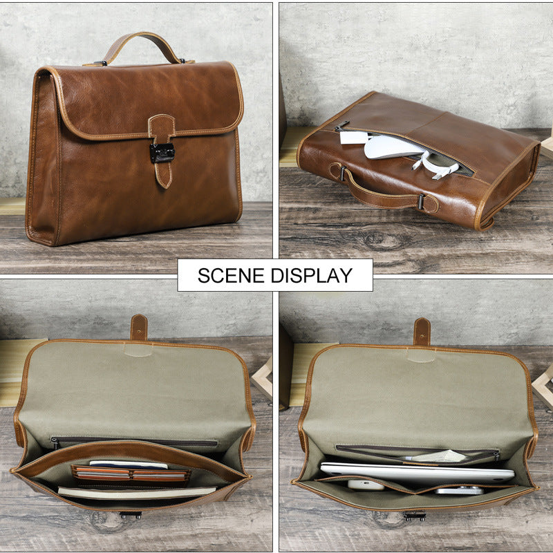 Genuine Full-Grain Leather Briefcase for Men, Black Angel Business Bag Fits 14.2-Inch Laptop, Large Capacity Computer Shoulder Bag for Work
