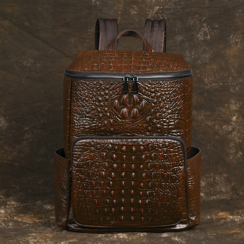 Men's Vintage Crocodile Embossed Waxed Leather Backpack Genuine Top Layer Cowhide Casual Minimalist Travel Laptop Bag