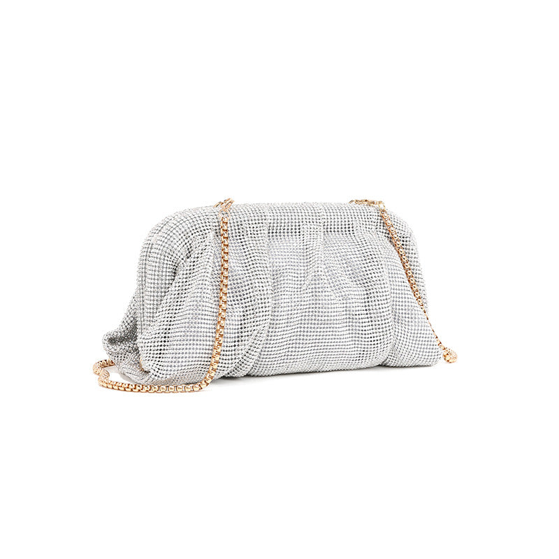 Light Luxury Handmade Rhinestone Evening Clutch for Women, Sparkly Pleated Party Bag, Crystal-Studded Shoulder Crossbody Purse for Formal Events