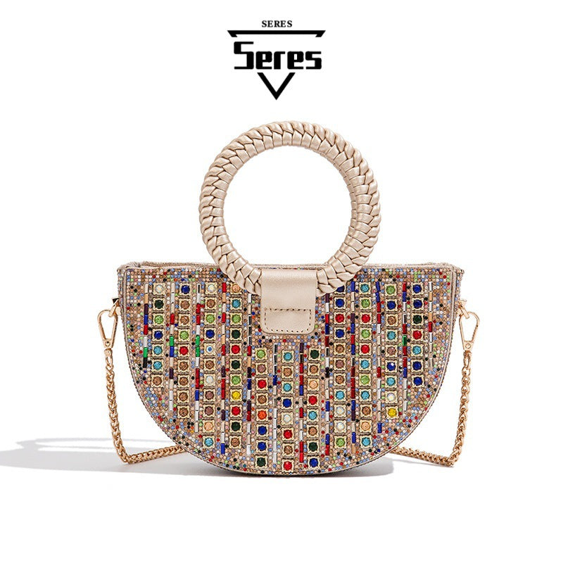 New Semi-Circle Rhinestone Top-Handle Bag for Women, Sparkly Crystal Shoulder Purse, Light Luxury Evening Handbag for Parties & Banquets