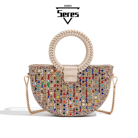 New Semi-Circle Rhinestone Top-Handle Bag for Women, Sparkly Crystal Shoulder Purse, Light Luxury Evening Handbag for Parties & Banquets