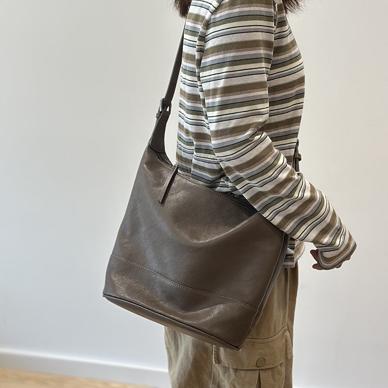 Genuine Top Layer Cowhide Bucket Bag for Women, Premium Large Capacity Shoulder Underarm Commute Purse, Casual Everyday Handbag for Ladies