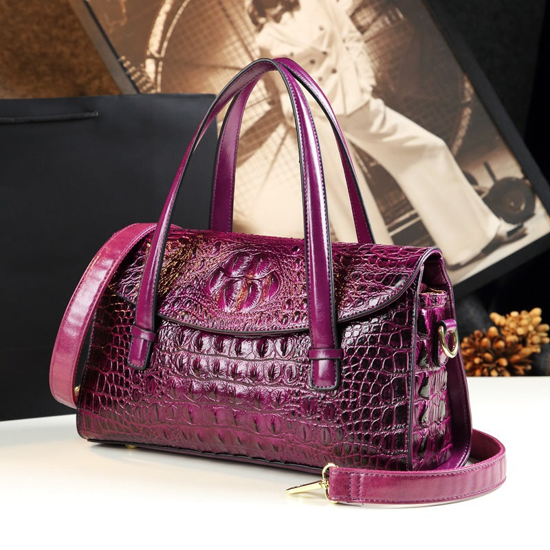 New Arrival Croc-Effect Genuine Leather Boston Pillow Bag for Women, A Fashionable Shoulder Crossbody Top-Handle Handbag Perfect for Moms