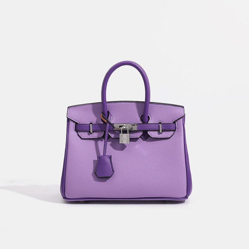 Genuine Pebbled Leather Birkin-Style Top Handle Bag for Women, New Arrival Large Capacity Color Block Purse, Premium Chic Handbag for Ladies