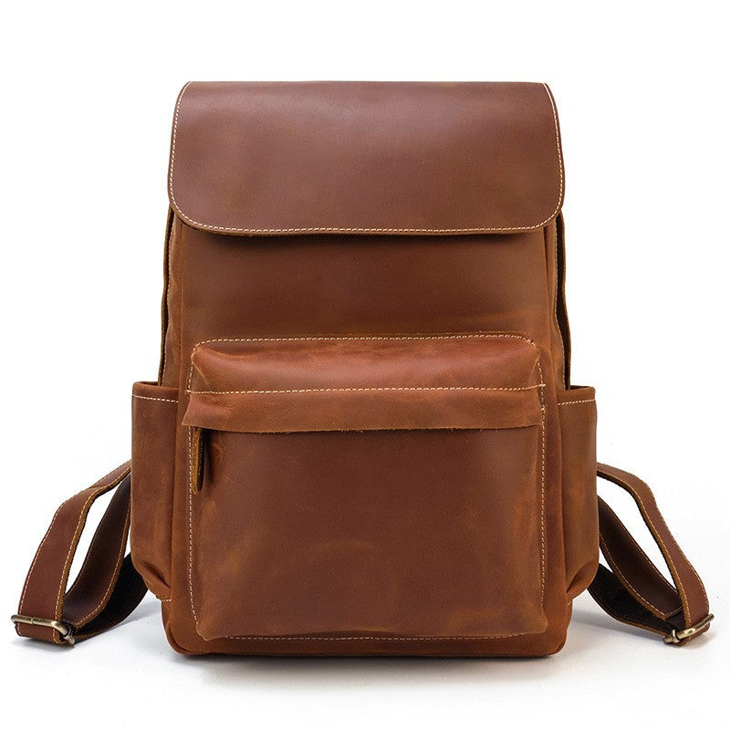 Men's Crazy Horse Leather Backpack Vintage Travel Daypack for Women Students, Genuine Leather Casual Rucksack Large Capacity