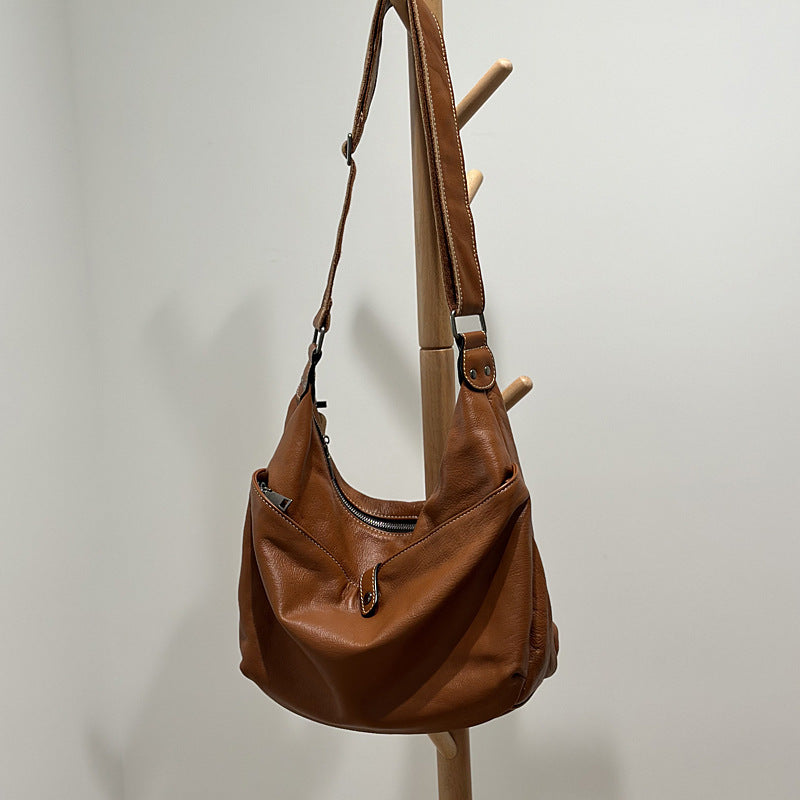 Genuine Top Layer Cowhide Large Tote Bag for Women, Korean Style Versatile Shoulder Crossbody Purse, Hong Kong Casual Handbag for Ladies
