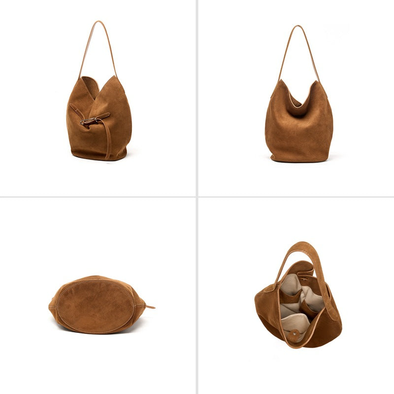 Genuine Top Layer Cowhide Bucket Tote Bag for Women, Korean Style Niche Fashionable Large Capacity Shoulder Top Handle Purse, Premium Handbag for Ladies