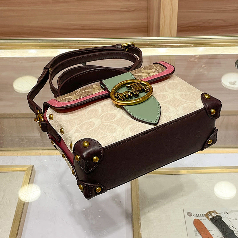 Genuine Leather Color Block Printed Box Bag for Women, Niche Fashionable Premium Shoulder Crossbody Purse, Unique Designer Handbag for Ladies