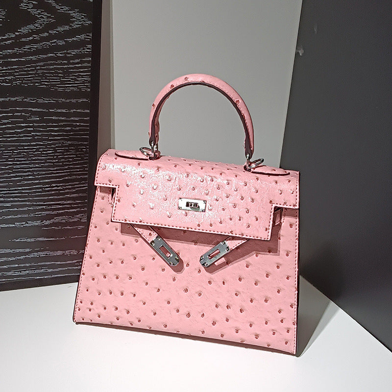 Genuine Leather Ostrich-Embossed Kelly-Style Bag for Women, New Spring Summer Premium Shoulder Crossbody Top Handle Purse, Fashionable Versatile Handbag for Ladies