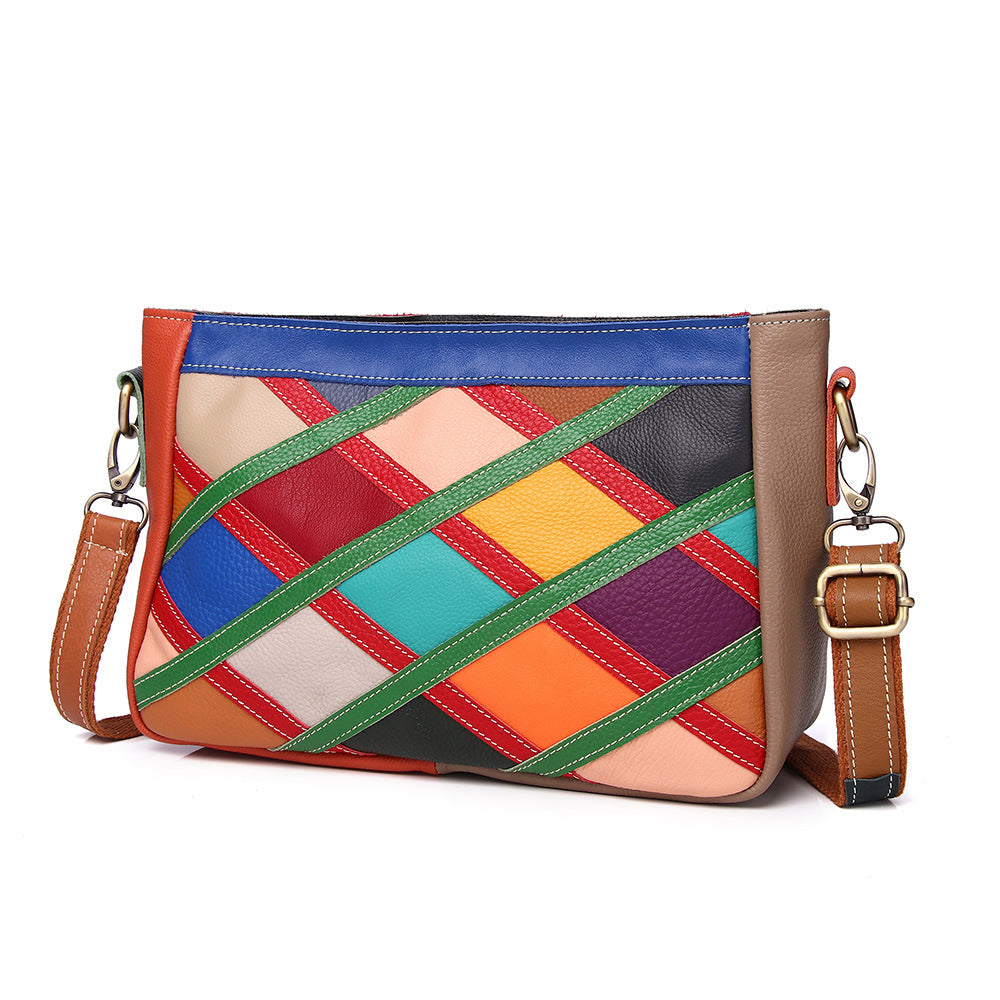 Premium Handcrafted Colorful Plaid Color-Block Cowhide Leather Bag for Women | New Trendy Small Shoulder Purse with Unique Patchwork Design | Fashionable Versatile Handbag for Everyday Chic, Travel & Casual Outings | Statement Accessory with Vibrant