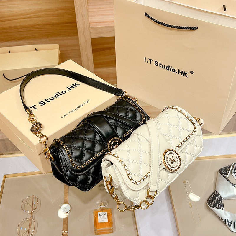 Genuine Leather Minimalist Underarm Bag for Women, New Trendy Quilted Shoulder Crossbody Small Purse, Niche Designer Handbag for Ladies