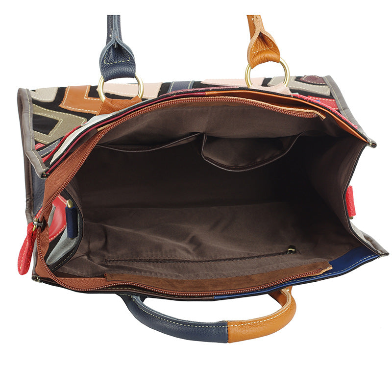 Genuine Leather Women's Tote Bag, Ethnic Style Colorful Contrast Color Design, Large Capacity Top Handle Handbag for Women