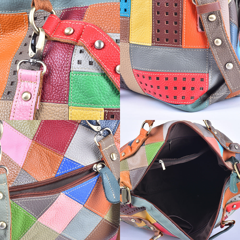 Colorful Stripe Geometric Bag in Genuine Cowhide, Random Color Block Large Capacity Shoulder Crossbody Tote, Stylish Handbag for Women