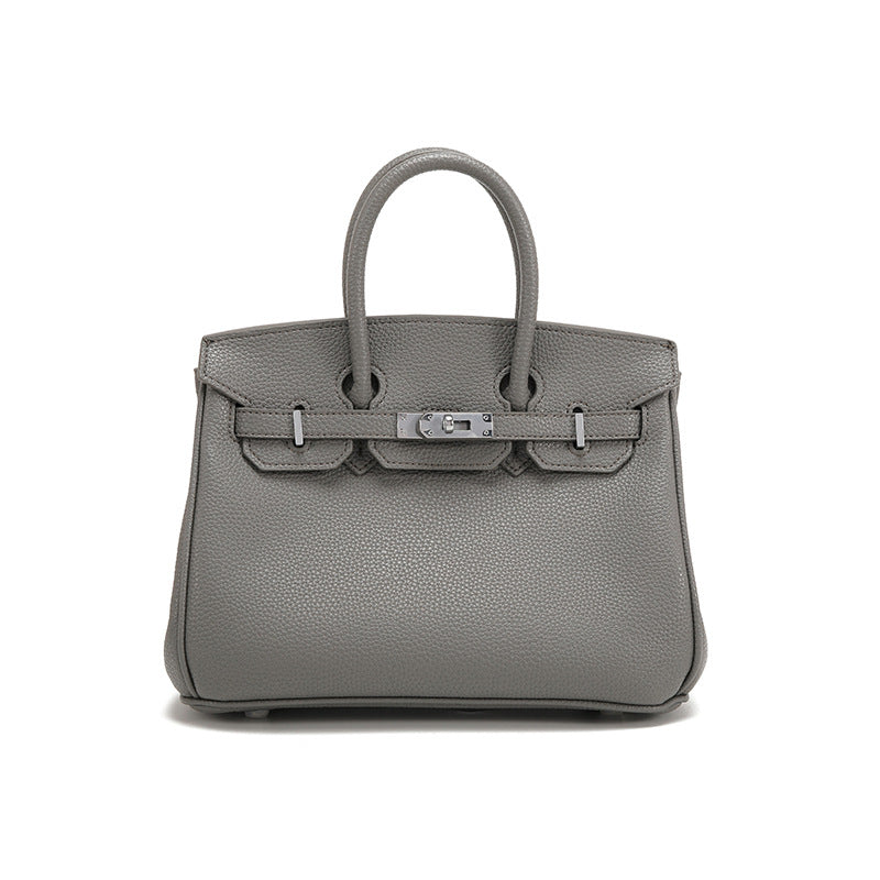 Genuine Pebbled Leather Birkin-Style Gold Hardware Large Capacity Handbag for Women, European Fashion Top Handle Purse, Trendy Casual Tote Bag for Ladies