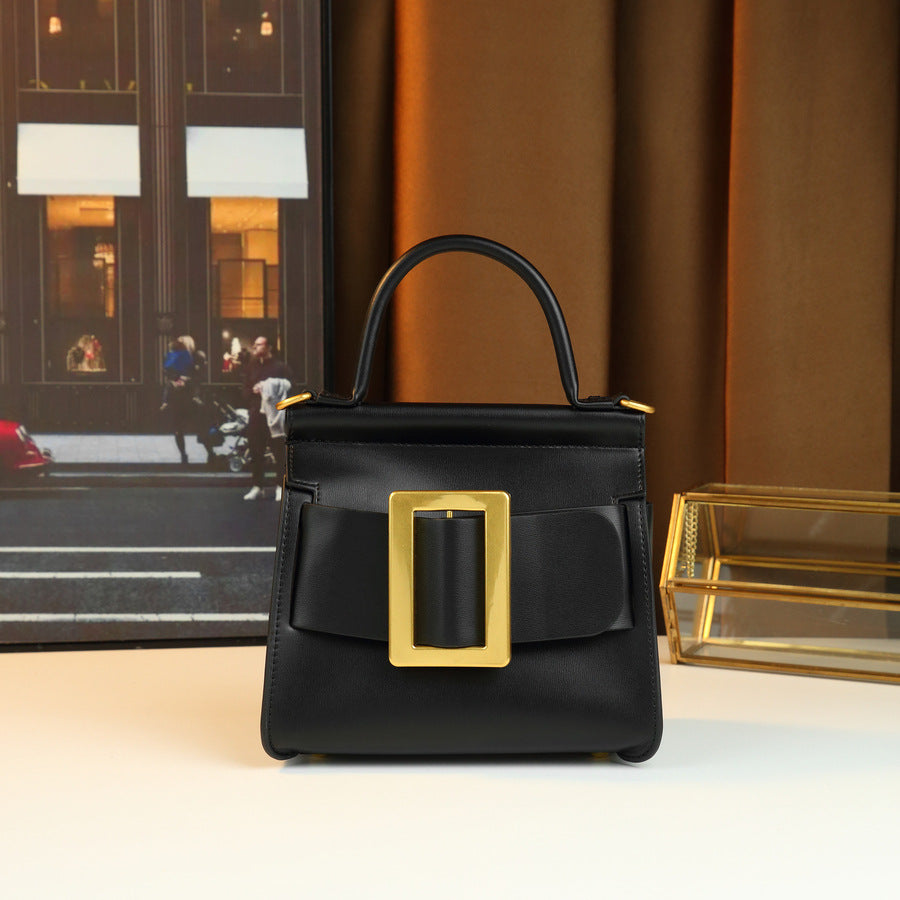 Korean Style Belt Buckle Square Bag for Women Minimalist Top Handle Shoulder Crossbody Purse, Versatile Elegant Handbag with Clean Modern Design