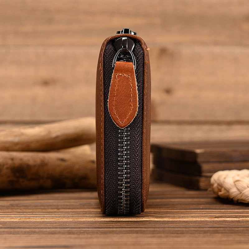 Vintage Vegetable-Tanned Leather Long Wallet, Hand-Burnished Multi-Card Clutch, Casual Phone Money Holder for Men