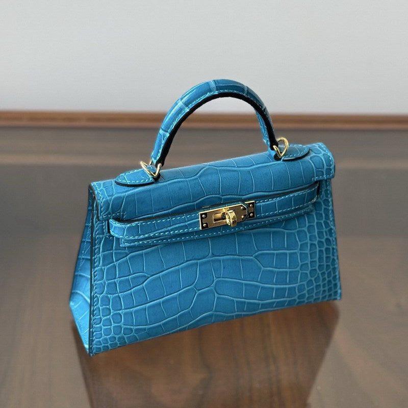 Genuine Leather High-Gloss Crocodile-Embossed Kelly-Style Bag for Women, New 2nd Gen Mini Top Handle Shoulder Purse, Premium Handbag for Ladies