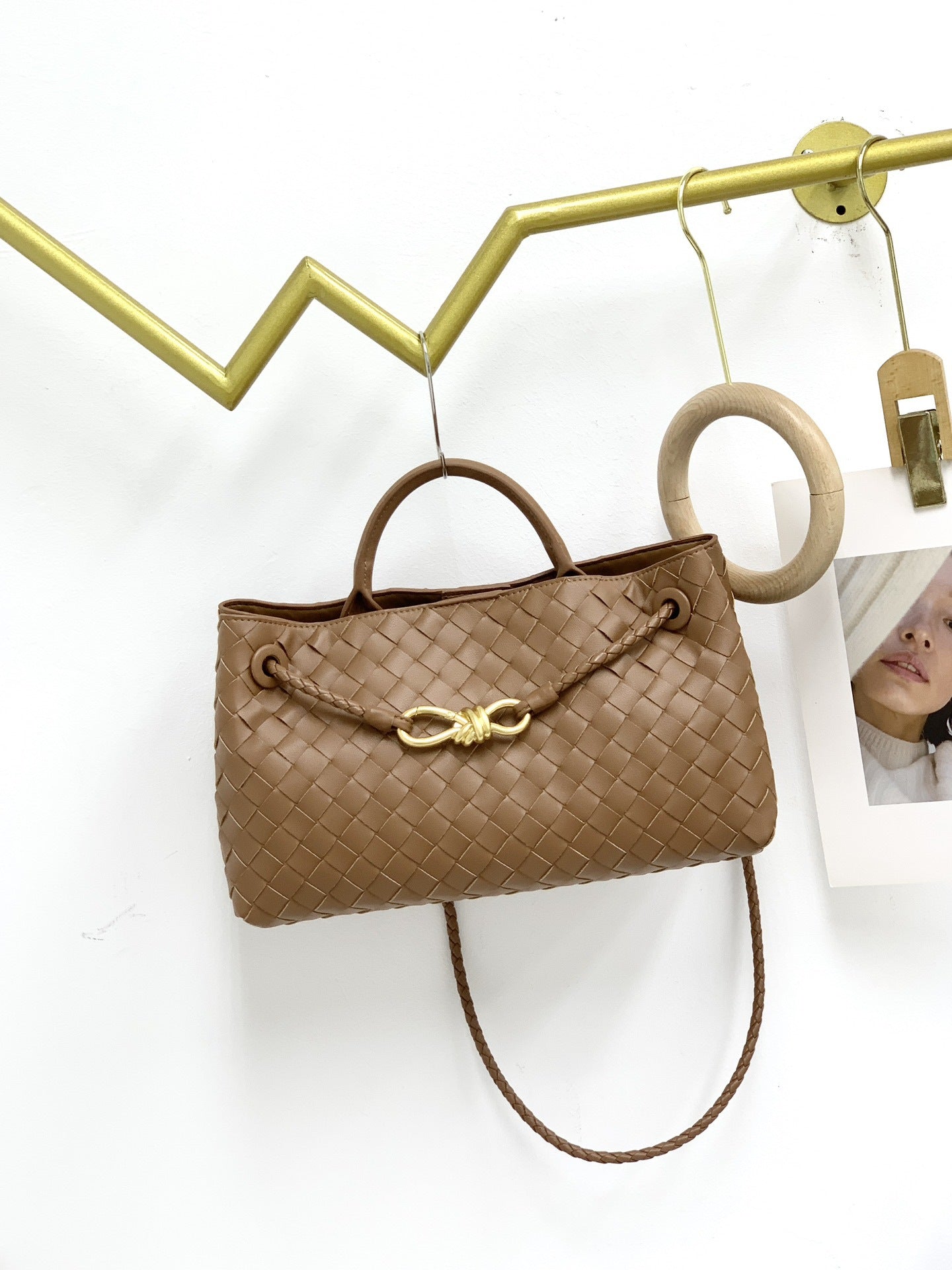 Genuine Leather Horizontal Woven Bag for Women, New Spring Summer Commute Shoulder Crossbody Top Handle Purse with Metal Rope Buckle, Trendy Handbag for Ladies