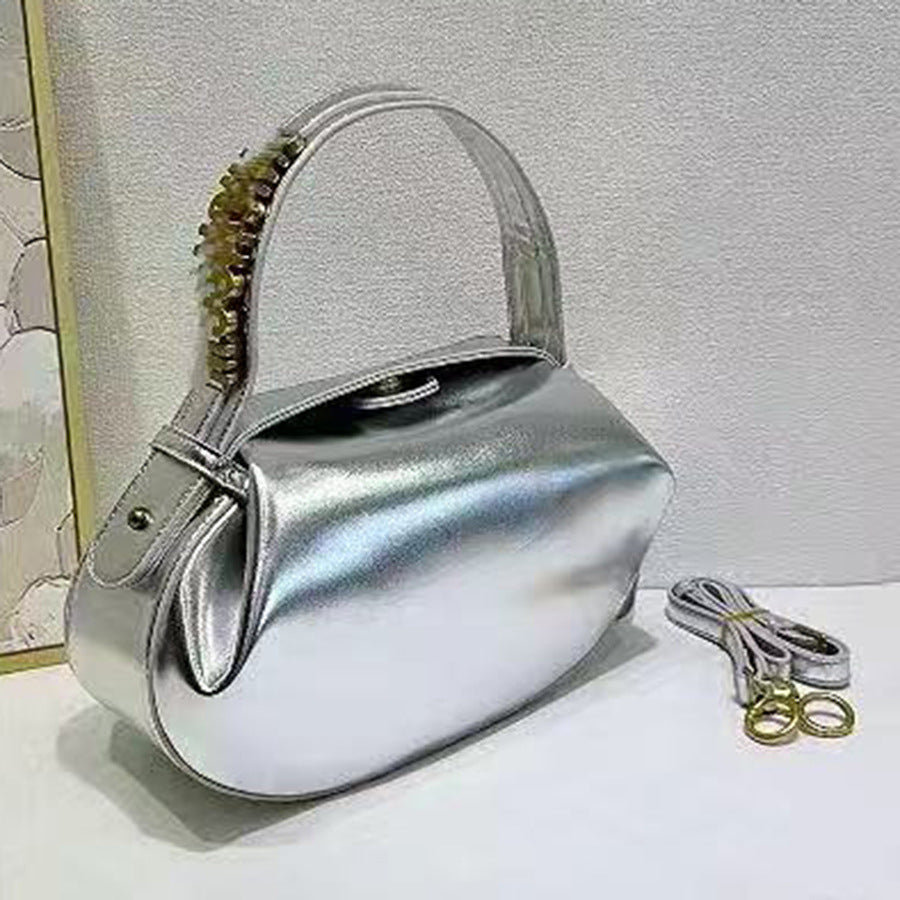 French Style Soft Leather Pleated Cloud Dumpling Bag for Women with Metal Letter Embellishment, Minimalist Solid Color Shoulder Crossbody Handbag