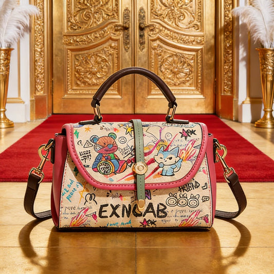 Bear graffiti genuine leather bag new high-end retro foreign style handbag niche shoulder messenger bag tide